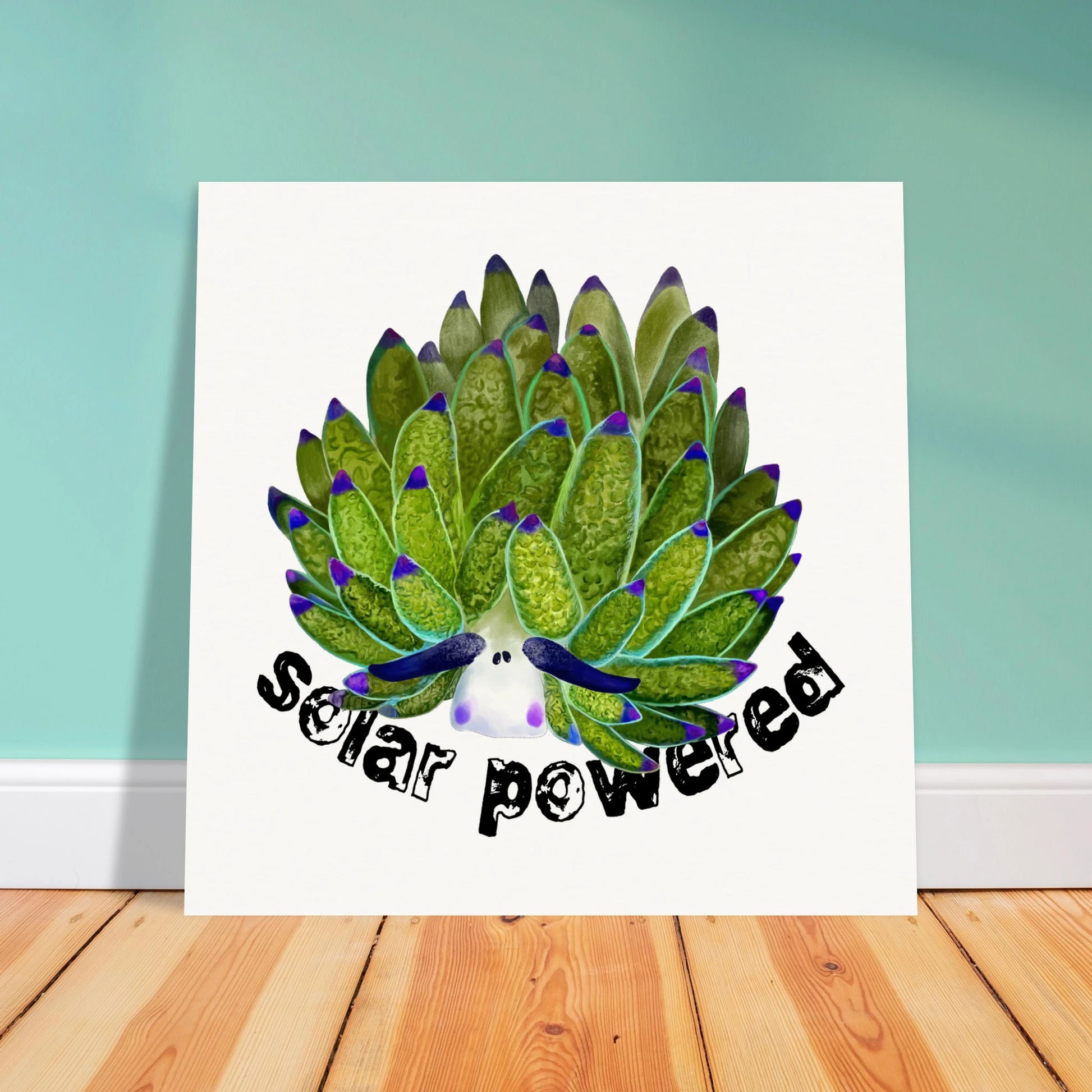 leaf sheep sea slug illustration with the slogan "solar powered"