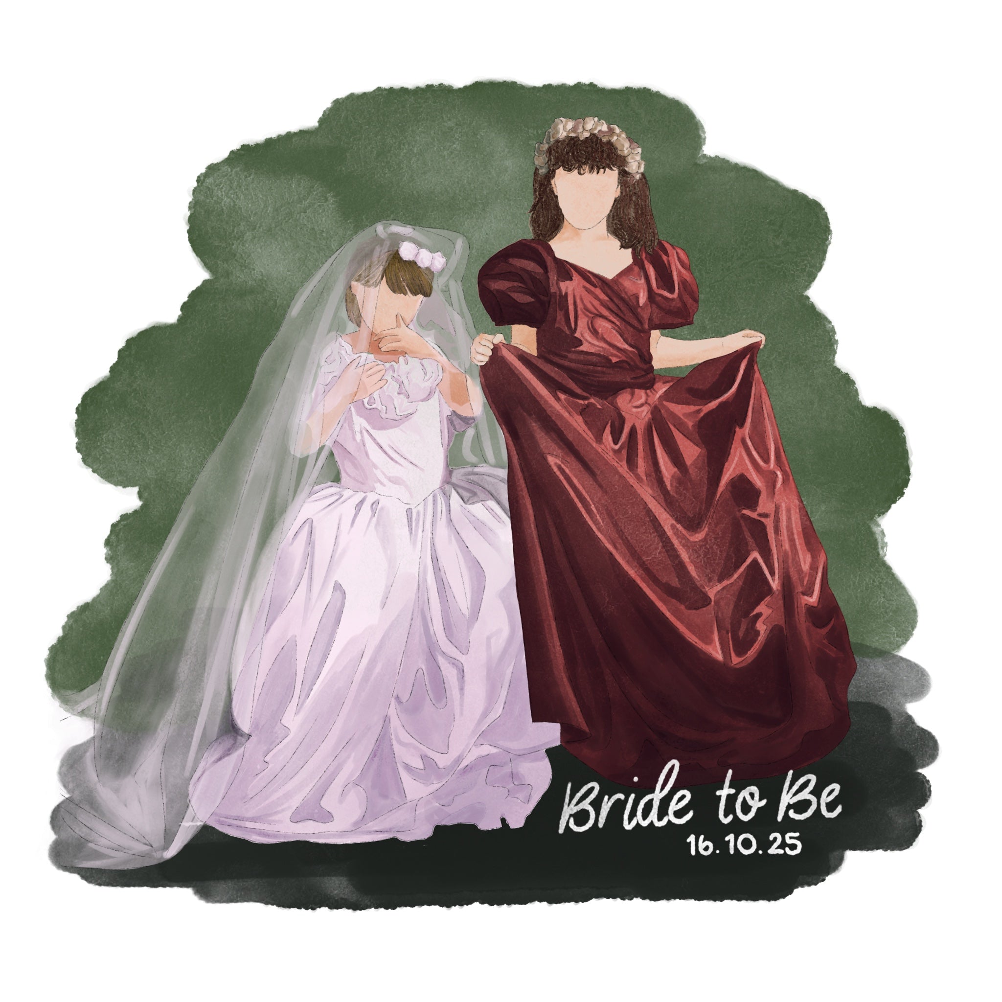 Two children dressed in oversized wedding clothes. One, with short blonde hair, is wearing a white dress and veil. The other, brow shoulder length hair, wears a dark red dress with puff sleeves. The text says "bride to be" and is accompanied by a date