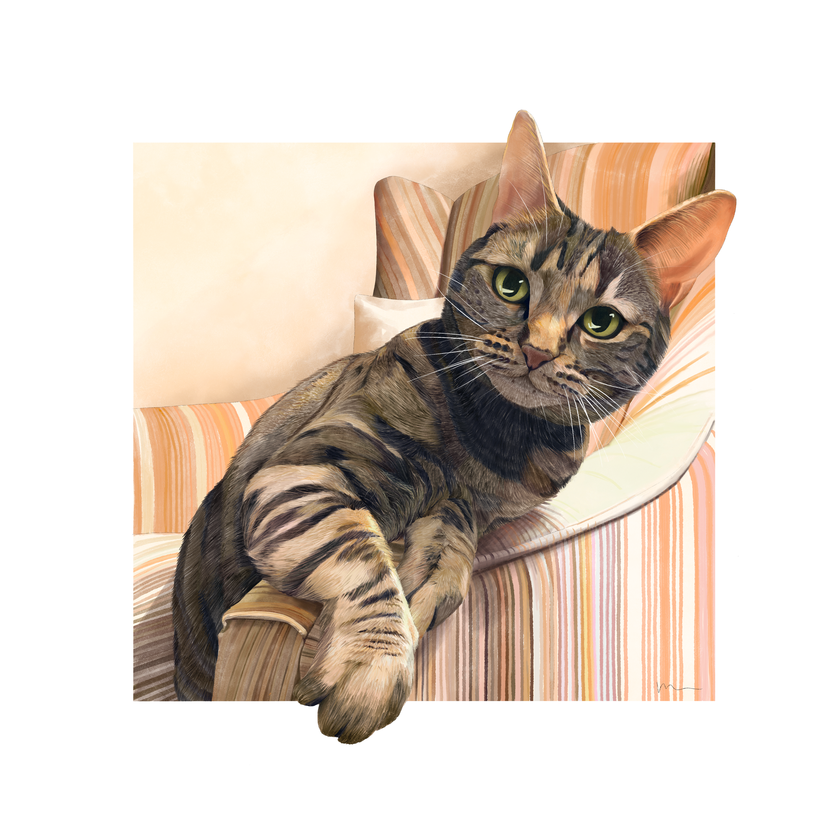 custom pet portrait of a tabby cat perched on the arm of the chair, looking straight out of the illustration with big green eyes