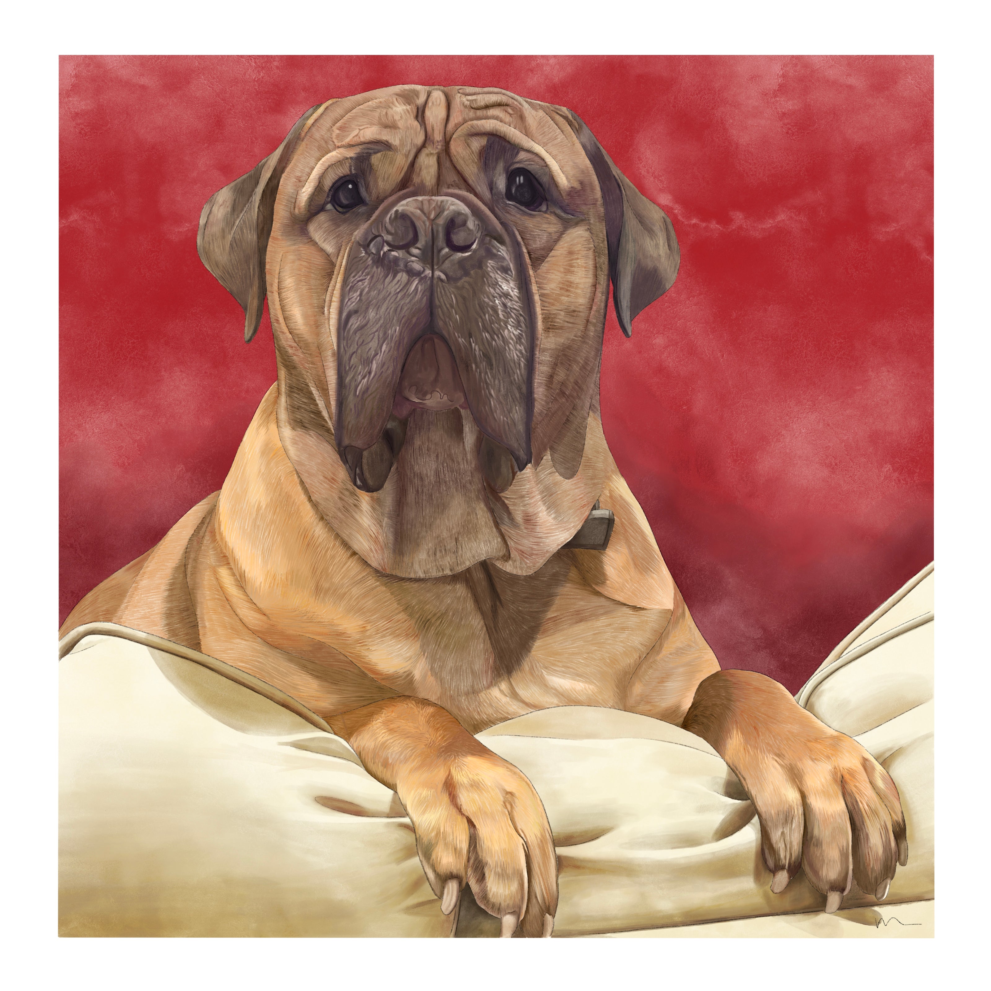 custom pet portrait of a tan mastiff leaning over the back of the sofa with a concerned expression