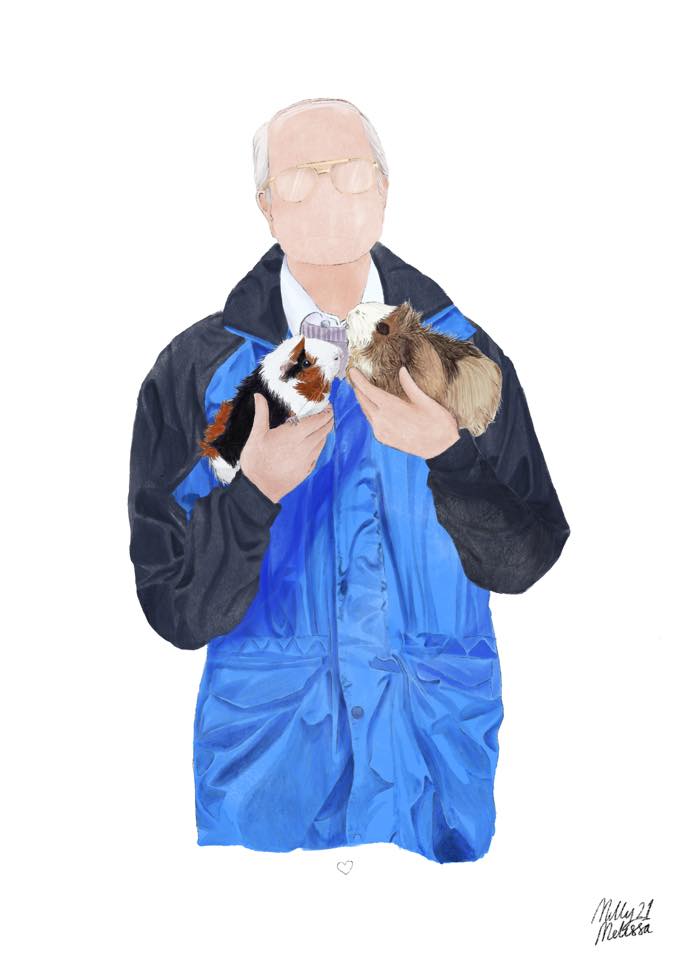 custom loss portrait of my grandad holding my two guinea pigs. One is ginger, black and white, and the other is a mixture of blondes