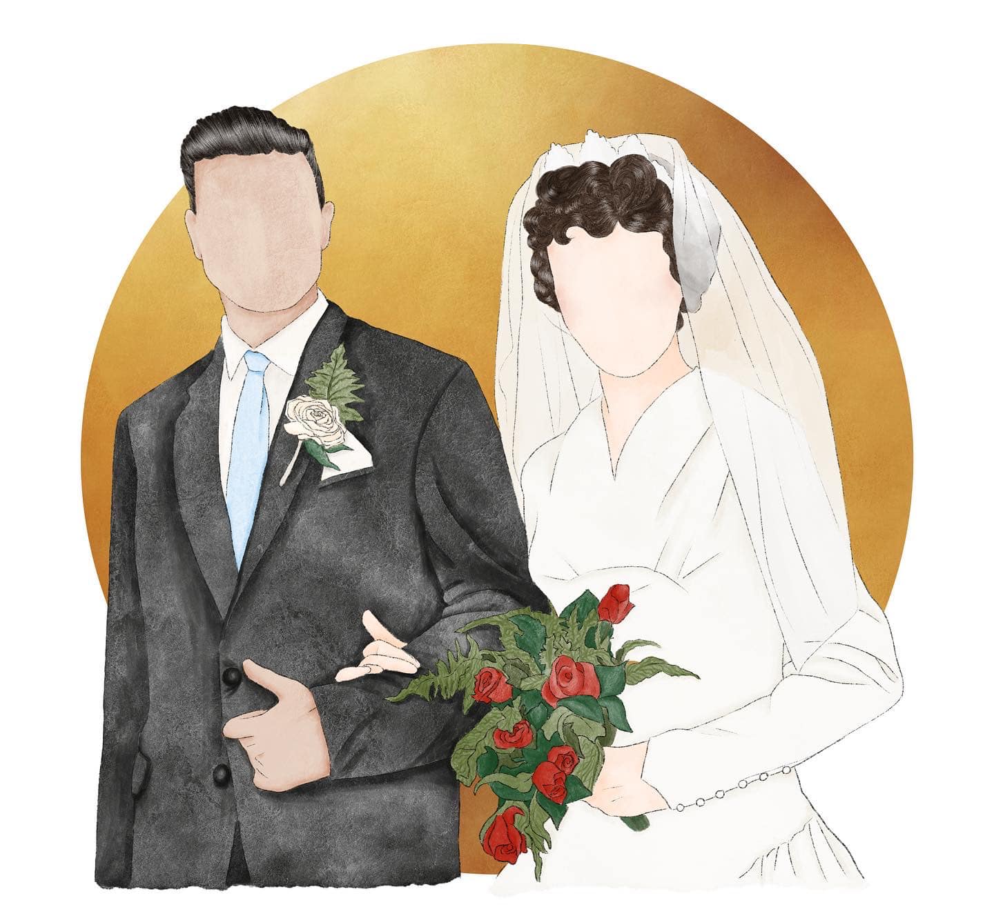 Bride and groom against a gold circle background. The bride holds red roses and the groom has a white rose button hole