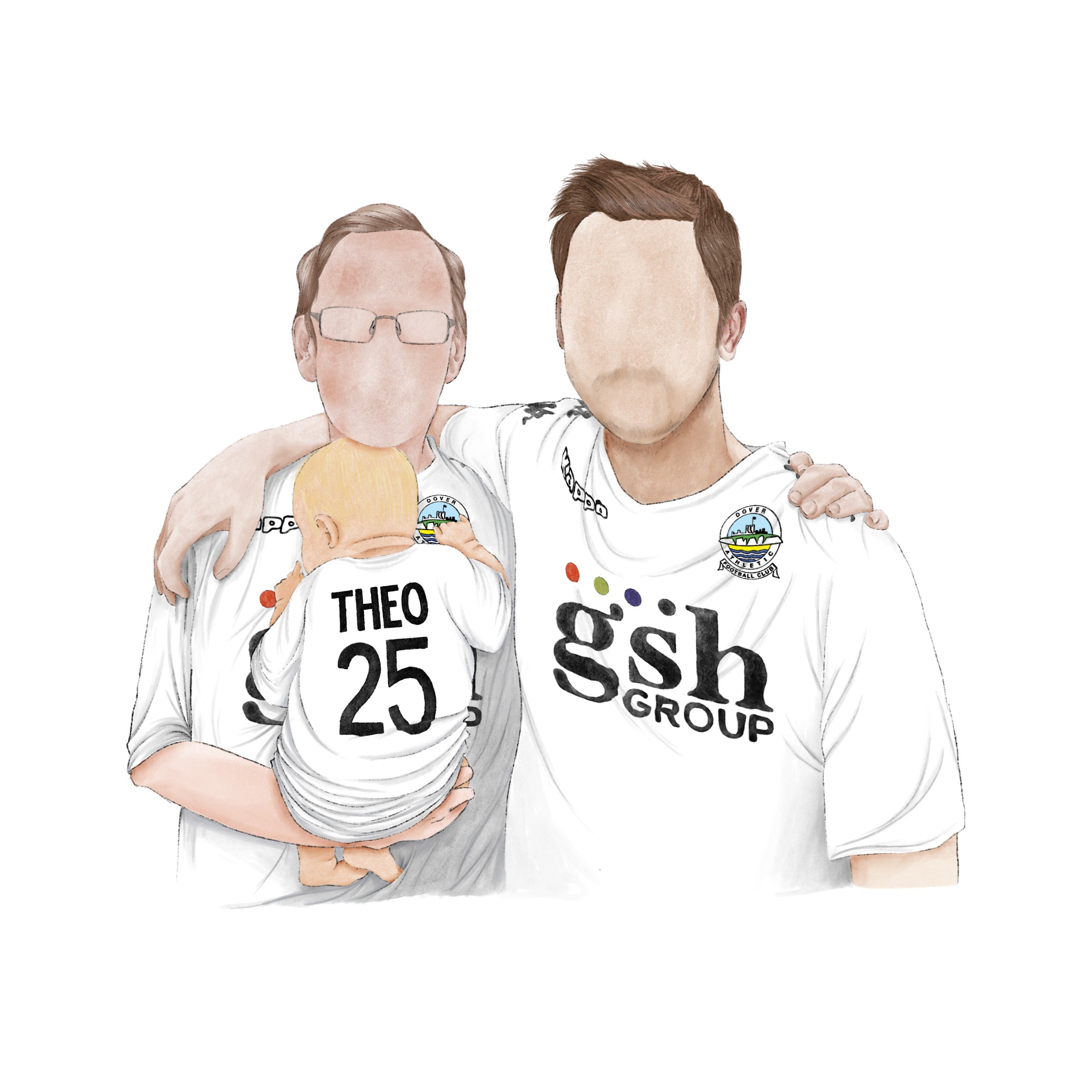 custom loss portrait of a man, his recently passed dad who is holding the grandson he never met