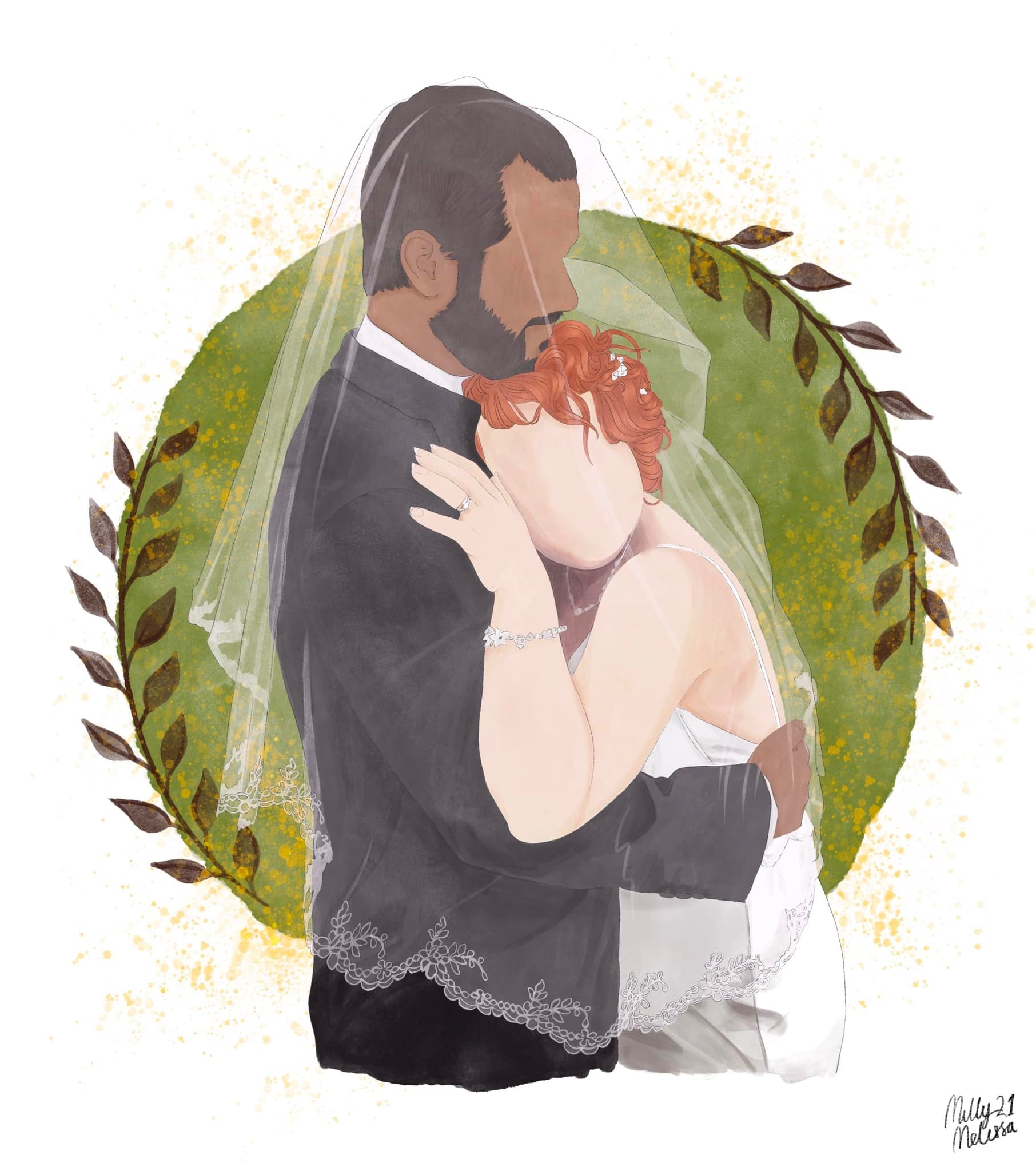 custom wedding portrait. Brown skinned male in a tux holding a white skinned female with copper hair, her veil pulled over them both