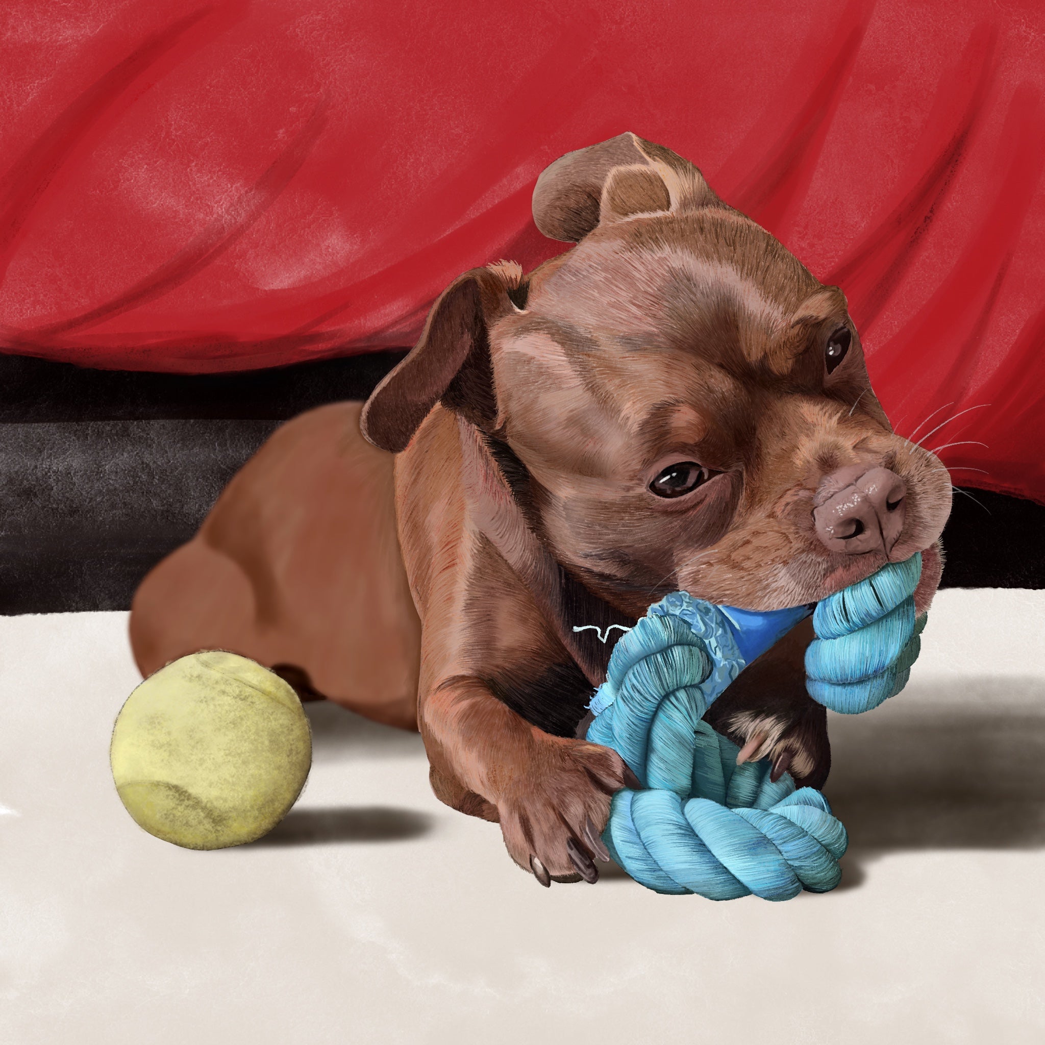 custom pet portrait of a brown staffie x, chewing on a blue rope toy besides a tennis ball