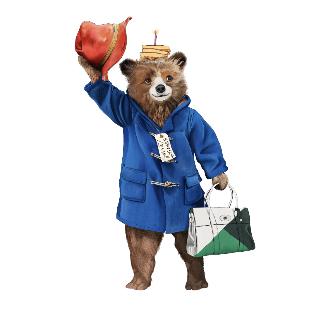 custom Paddington bear illustration. He's raising his hat to reveal a slice of birthday cake with a single candle. He's holding a designer handbag and his tag reads "happy birthday Louise"