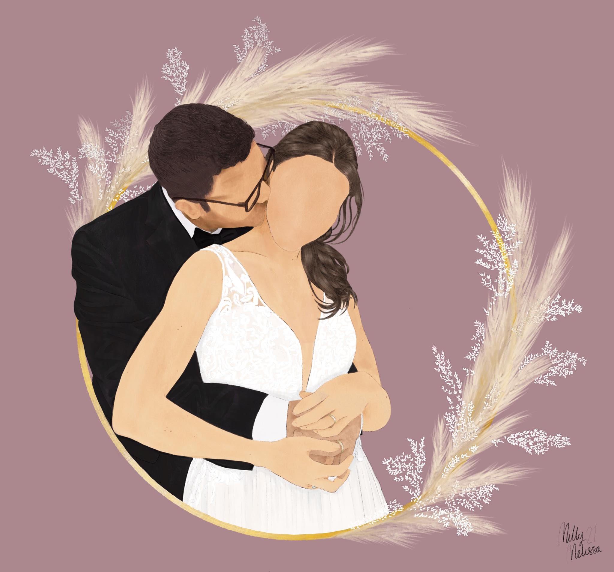 custom wedding portrait. Groom holding the bride from behind, kissing her cheek. Wheat and baby's breath frames them