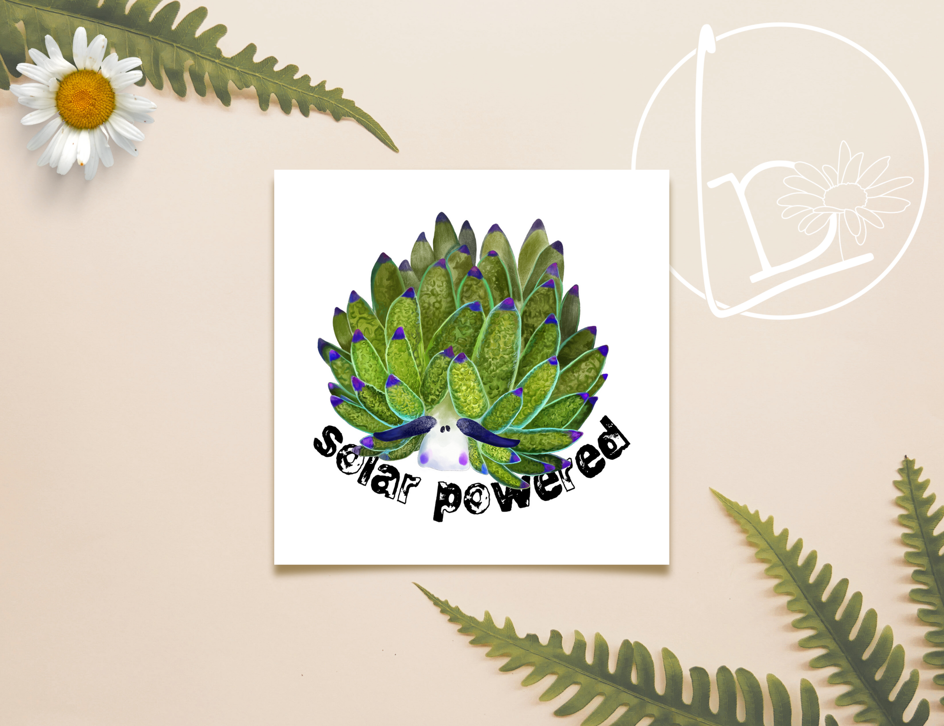 print with leaf sheep sea slug design and 'solar powered' text on a beige background with floral elements.