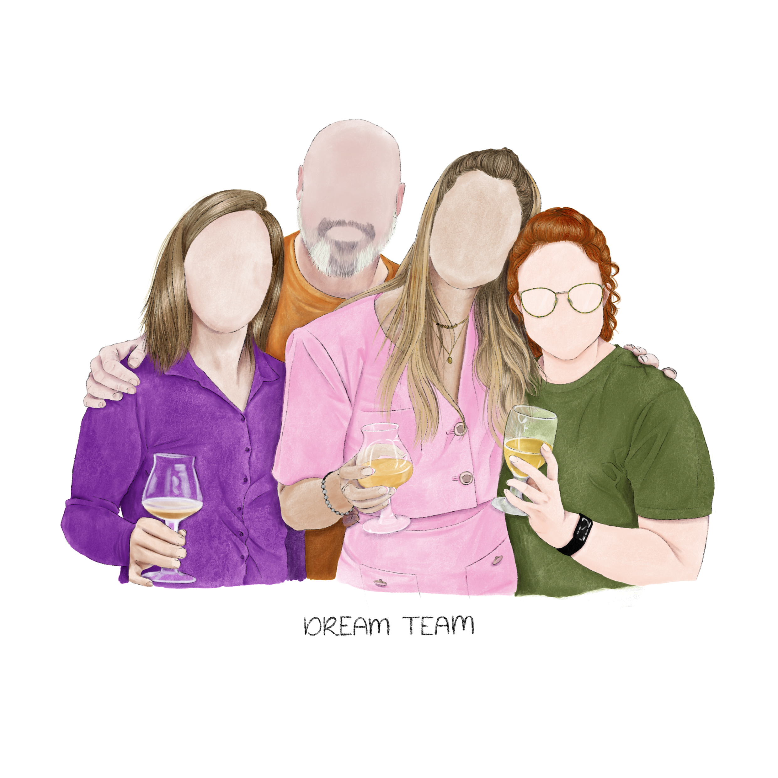 custom team portrait. from left to right there is a dark blonde, white female wearing a purple shirt and holding a glass of beer. A bald white male with a beard wearing an orange tshirt. A blonde, long haired, white female wearing a pink two piece top and skirt, holding a beer glass. A white female with copper, curly hair and glasses wearing a white tshirt and also holding a beer glass