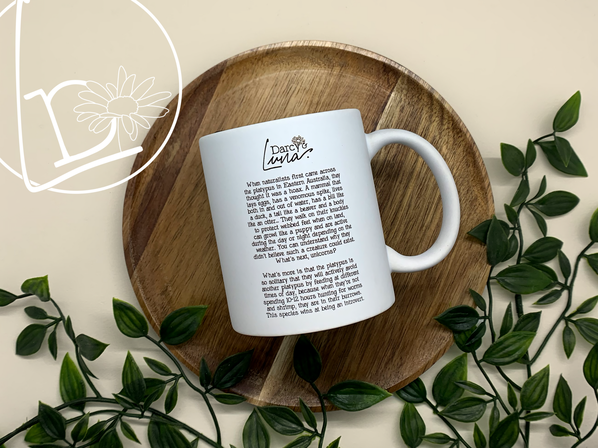 Back of illustrated platypus mug. The text gives information about the platypus