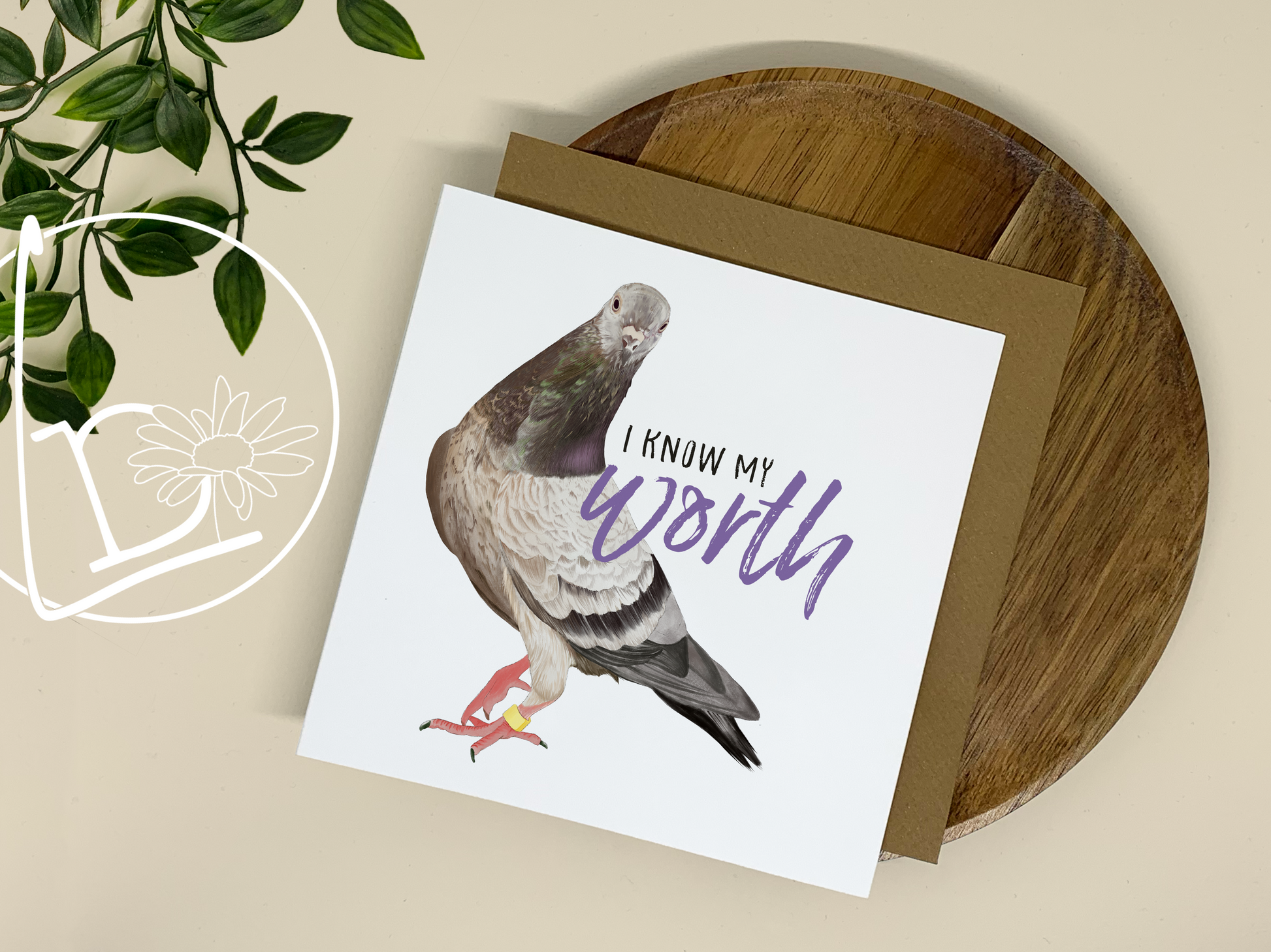 Illustrated card featuring a pigeon and the words "know your worth"