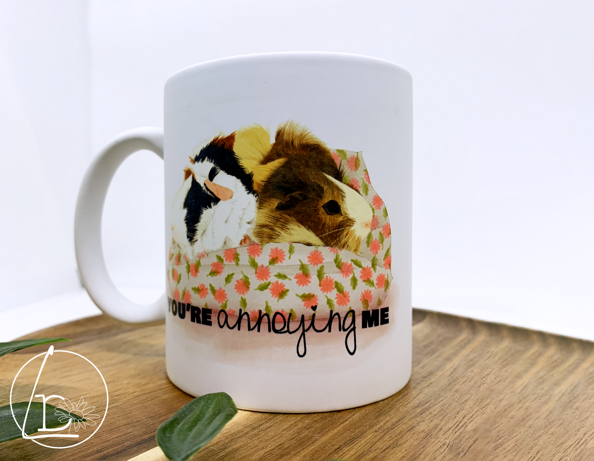 Guinea Pig Greeting Mug with an illustration of two guinea pigs, one blonde, one black, white and ginger. They sit facing away from each other on a white and pink cushion. The text says "You're annoying me""