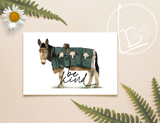 Illustration of a donkey wearing a coat that has pockets large enough to carry the lambs he's babysitting. The slogan says "be kind".