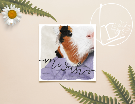 Illustration of a ginger, black and white guinea pig stretching towards you, like she's about to give you a kiss. The text reads "mwah"