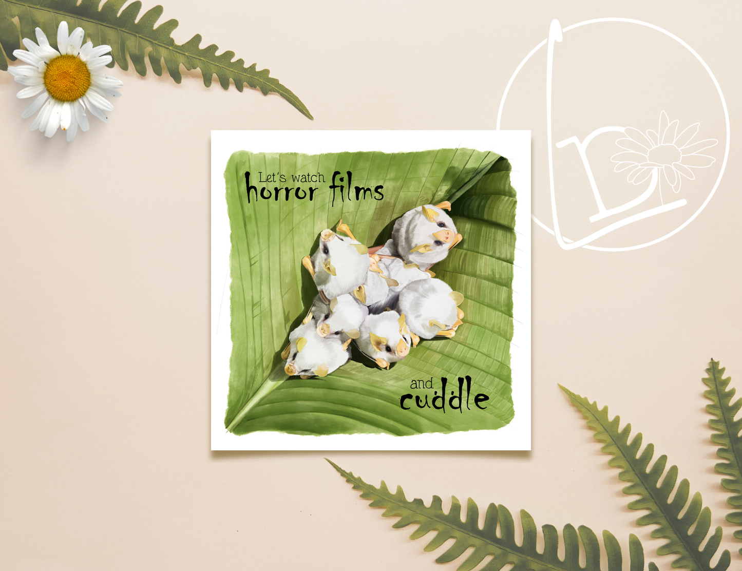 Illustration of honduran white bats bundled together on a leaf. The slogan reads "Let's watch horror films and cuddle".