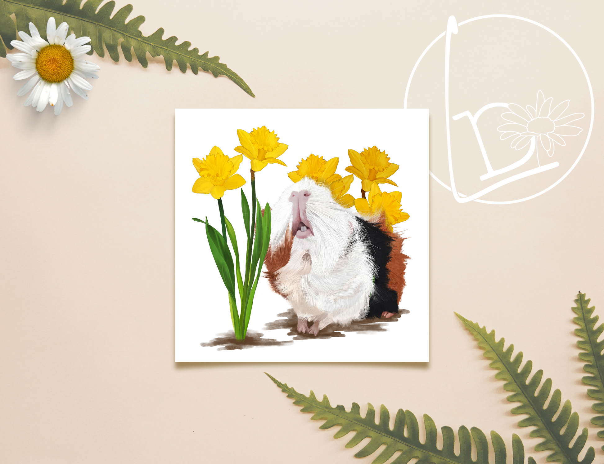 Illustration of a black, white and ginger guinea pig looking up at a bunch of daffodils