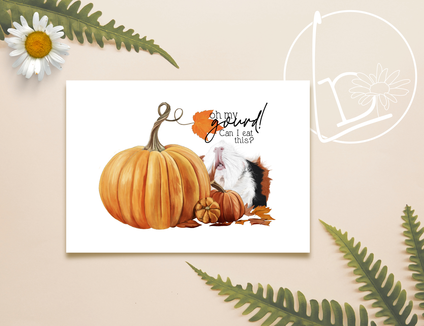 Illustration of a white, ginger and black guinea pig looking up at an enormous pumpkin, surrounded by smaller pumpkins and autumn leaves. The slogan reads "Oh my gourd! Can I eat this?"