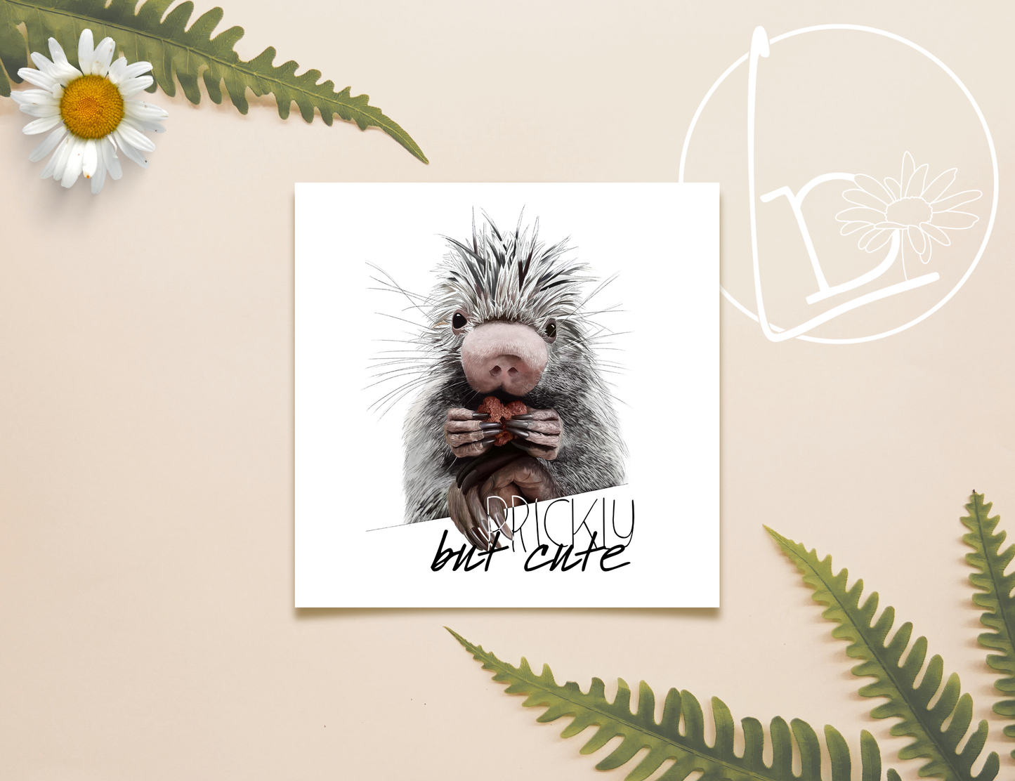 Illustration of a prehensile tailed porcupine holding a small heart. The slogan says "Prickly but Cute".