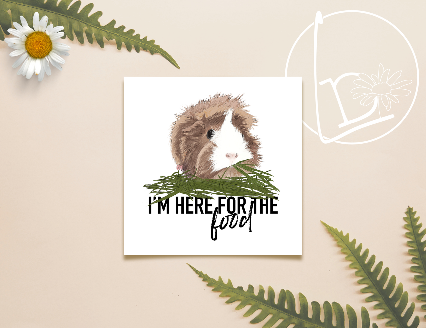 Illustration of a blonde and brown guinea pig eating grass. The slogan says "I'm here for the food"