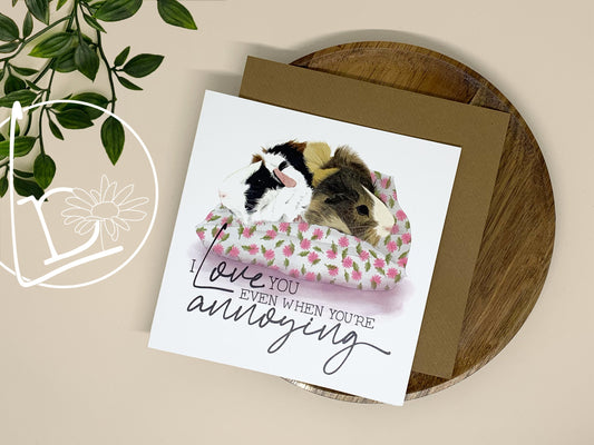 Guinea Pig Greeting Card with an illustration of two guinea pigs, one blonde, one black, white and ginger. They sit facing away from each other on a white and pink cushion. The text says "I love you even when you're annoying"